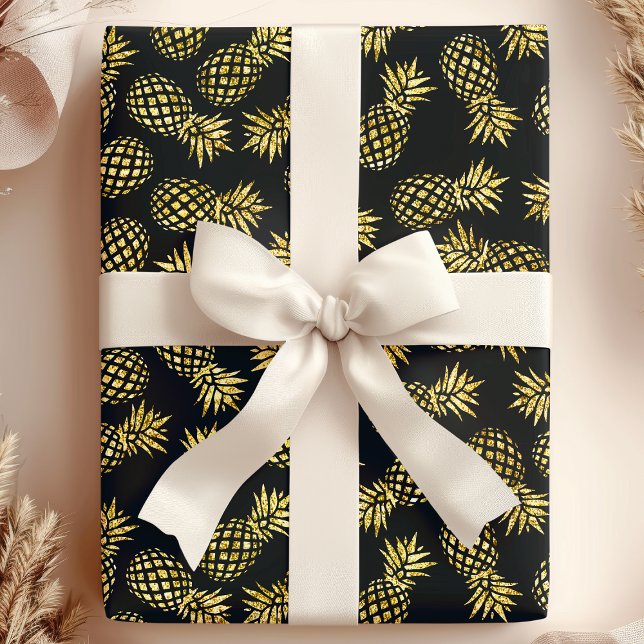 Papel De Presente Azul Marinho Dourado Padrão Abacaxi (Criador carregado)