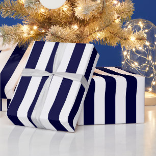 Papel De Presente Azul Marinho e Branco Padrão de Listras Extra Gran