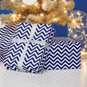 Papel De Presente Azul Marinho e Branco Padrão Zigue-Zague Grande Ch