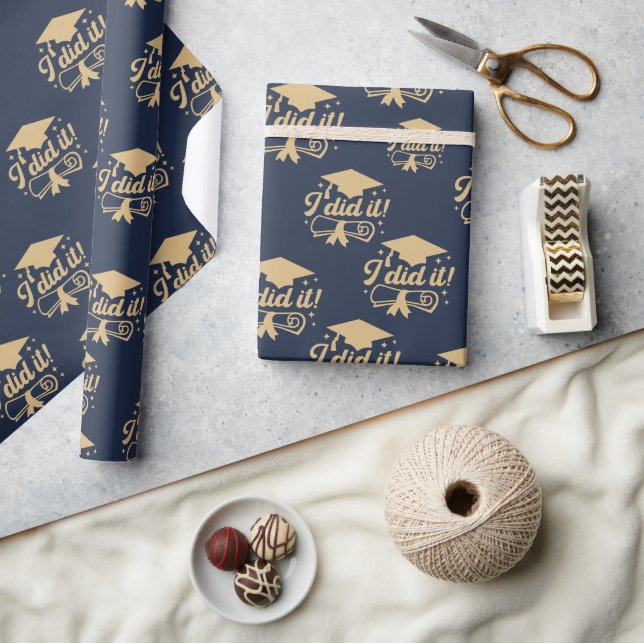 Papel De Presente Azul marinho e dourado  Eu consegui Graduação (Artesanato)