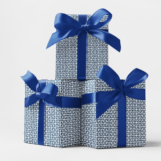 Papel De Presente Azul Marinho e Padrão Chave Grego Branco (Navy Blue and White Greek Key Pattern Wrapping Paper)
