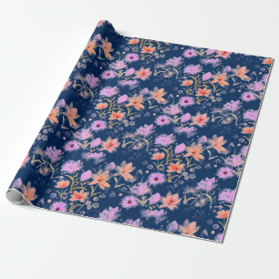 Papel De Presente Azul Marinho e Rosa Bege Padrão Floral Vintage