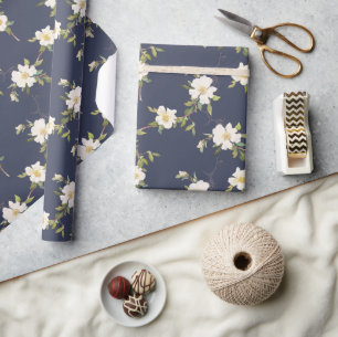 Papel De Presente Azul Marinho Floral Branco