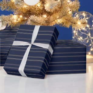 Papel De Presente Azul Marinho Marfim Listras Finas Douradas