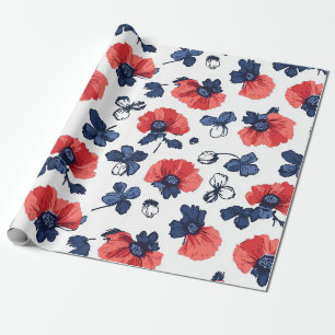 Papel De Presente Azul Marinho & Papoula Coral Floral Vintage