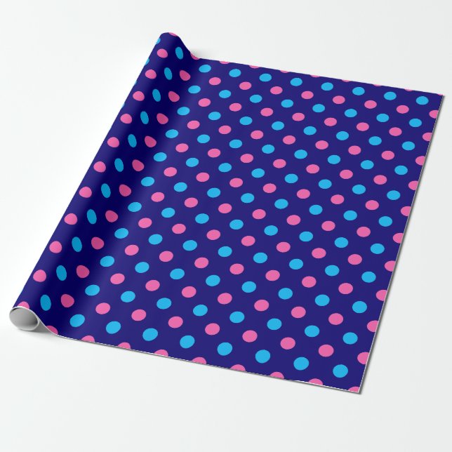 Papel De Presente Azul Marinho Rosa Ciano Padrão de Bolinhas (Desenrolado)