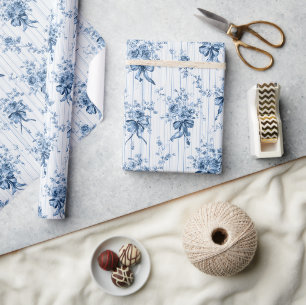 Papel De Presente Azul Médio e Coquete Branco 
