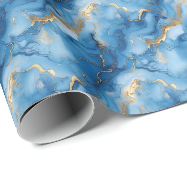 Papel De Presente Azul Médio e Mármore Dourado (Ponta do rolo)
