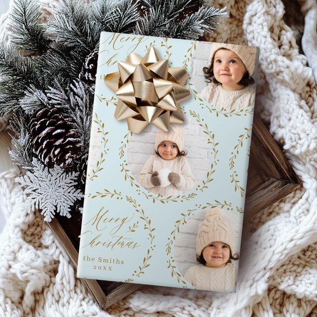 Papel De Presente Azul Moderno Script Feliz Natal Família 6 foto (Blue Modern Script Merry Christmas Family 6 photo Wrapping Paper)