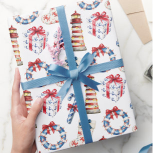 Papel De Presente Azul-Natal costeiro e náutico vermelho