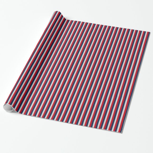 Papel De Presente Azul Náutico, Vermelho, Listra Vertical Prata (Desenrolado)