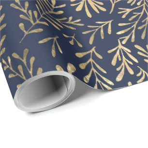 Papel De Presente Azul Naval Elegante Folhas Douradas