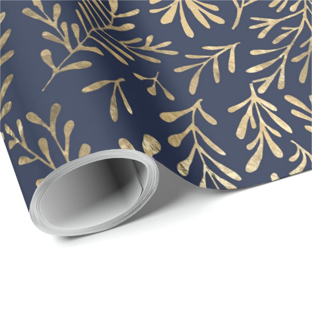 Papel De Presente Azul Naval Elegante Folhas Douradas (Ponta do rolo)