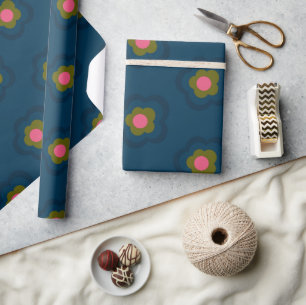 Papel De Presente Azul Naval Rosa Floral Chic Celebre aniversário 