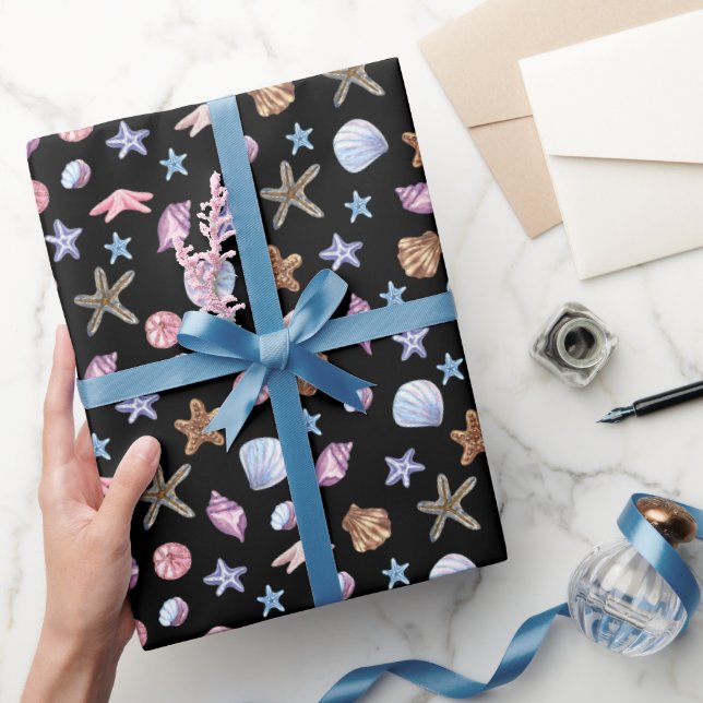 Papel De Presente Azul Oceano e Estrela do Mar de Verão Roxa e Conch (Presentear)