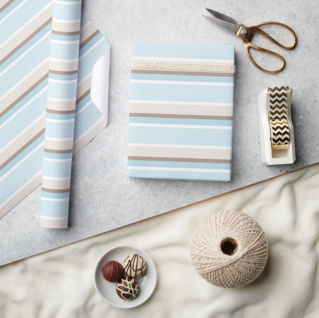 Papel De Presente Azul Oceano Pastel Bege Marrom Branco Padrão de Li (Artesanato)
