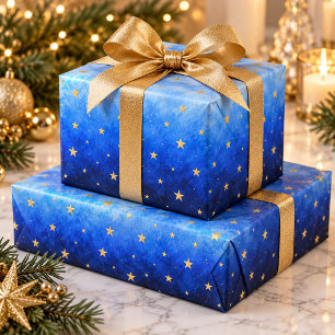 Papel De Presente Azul Ombré Estrelas Douradas Hanukkah