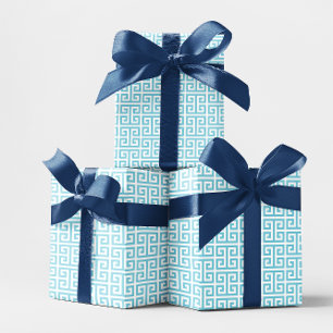 Papel De Presente Azul Ovo de Robin e Padrão Grego Branco