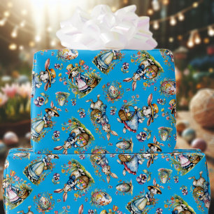 Papel De Presente Azul Ovos de Páscoa Coelho Floral Aquarela Vintage