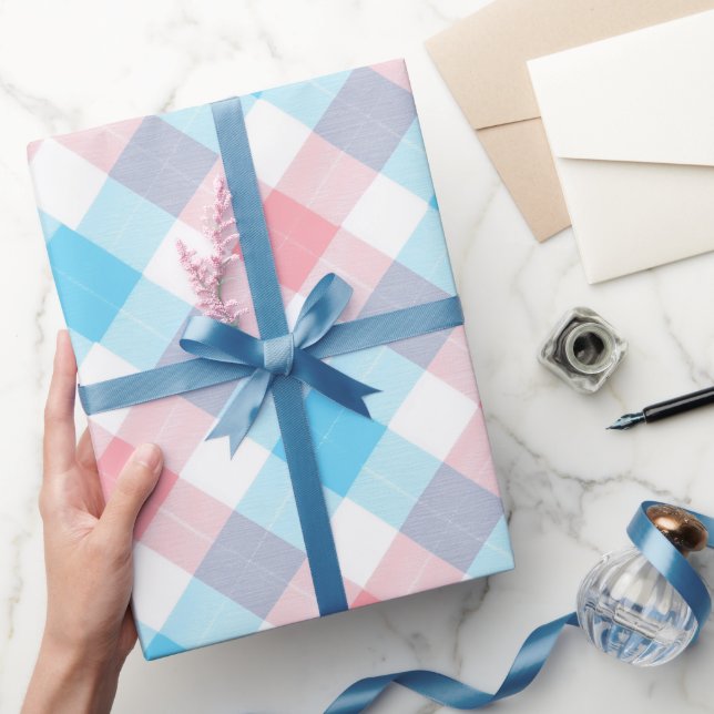 Papel De Presente Azul Pastel Rosa Doce Xadrez Branco Padrão Xadrez (Presentear)