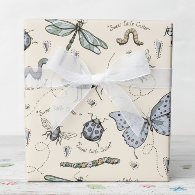 Papel De Presente Azul Pastel Suave & Cream Boho Insetos Bebês Bebês (Cream, Blue & Green Bug & Beetle Wrapping Paper for Baby Shower or Kids Birthday. Dragonfly, Ladybug)