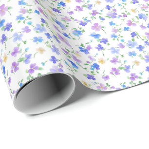 Papel De Presente Azul Pequeno e Flores Roxas em Branco