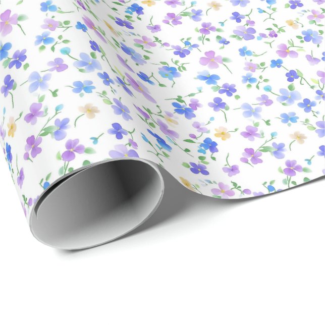 Papel De Presente Azul Pequeno e Flores Roxas em Branco (Ponta do rolo)