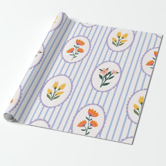 Papel De Presente Azul Préppy Floral Cameo Folk Art com Listras