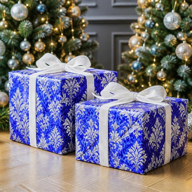 Papel De Presente Azul Real e Branco Natal Damask Vitoriano (Criador carregado)