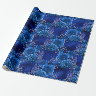Papel De Presente Azul Real e Floral Prateado