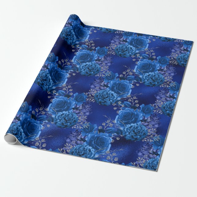 Papel De Presente Azul Real e Floral Prateado (Desenrolado)