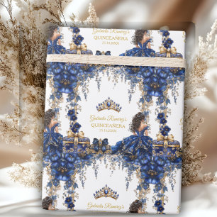 Papel De Presente Azul Real Tiara Floral Dourada Quinceañera