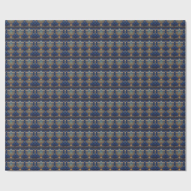 Papel De Presente Azul Rico e Dourado Com Joias de Hanukkah (Aberto)