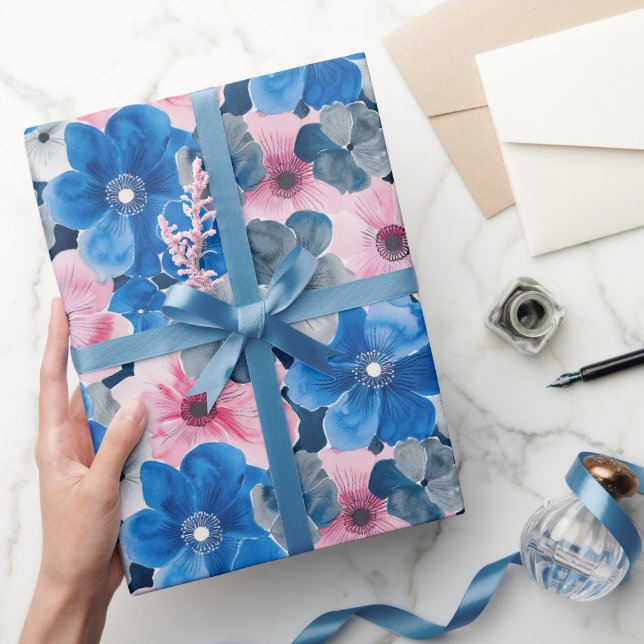 Papel De Presente Azul-rosa-chic - Aniversário Floral (Presentear)