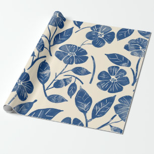 Papel De Presente Azul Rústico Botânico Floral Ousado Vintage Retro