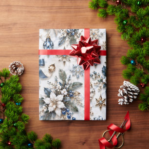 Papel De Presente Azul Safira Floral de Inverno