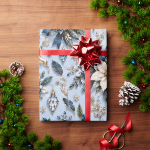 Papel De Presente Azul Safira Floral Invernal Gelado