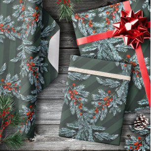Papel De Presente Azul Spruce Red Berries - Floresta de Latice Verde