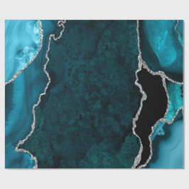 Papel De Presente Azul Teal e Prata Ágata Brilho Falso