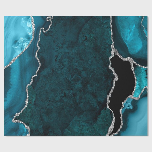 Papel De Presente Azul Teal e Prata Ágata Brilho Falso (Aberto)