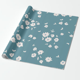 Papel De Presente Azul Teal Vintage e Floral Ditsy Daisy Branco
