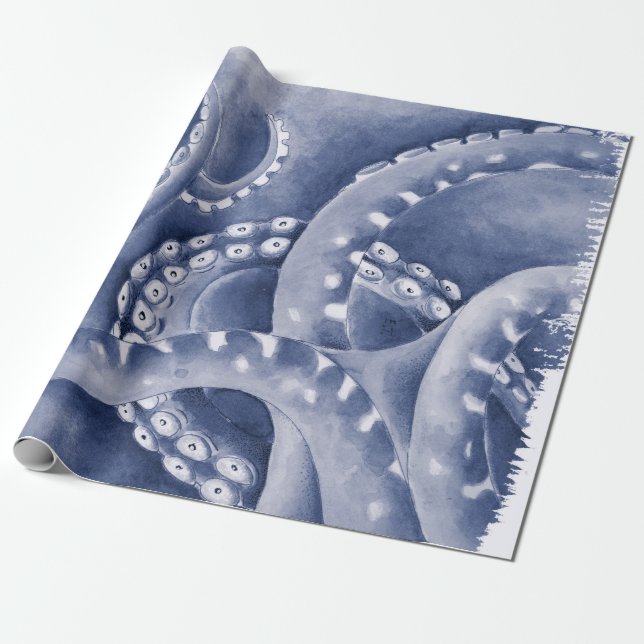 Papel De Presente Azul Tentáculos Monocromático (Desenrolado)