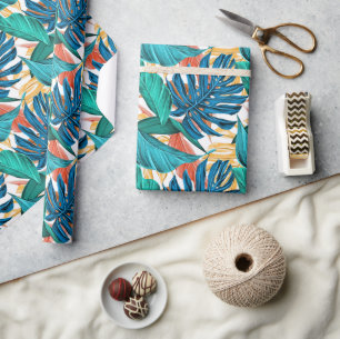 Papel De Presente Azul Tropical folhas amarelas 