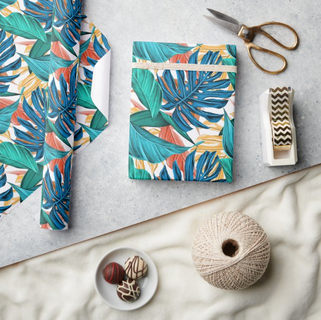 Papel De Presente Azul Tropical folhas amarelas  (Artesanato)
