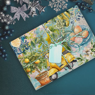 Papel De Presente Azul Turquesa Chic Floral Siciliano Cítrico