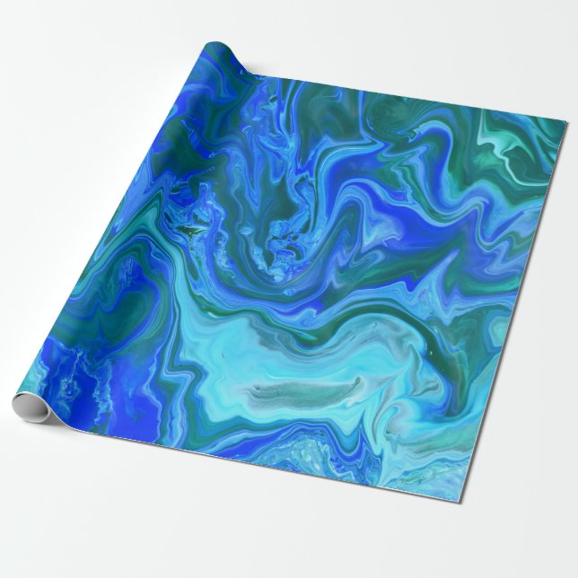 Papel De Presente Azul Turquesa Marinho Único Arte Abstrata Fluida (Desenrolado)