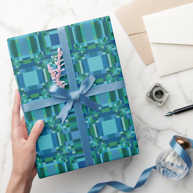 Papel De Presente Azul Verde Pixelado Geométrico (Presentear)