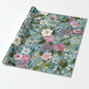 Papel De Presente Azul Verde Rosa Flor Ditsy Boho Vintage 70s 