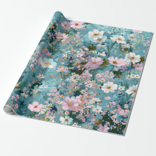 Papel De Presente Azul Verde Rosa Flor Ditsy Boho Vintage 70s 