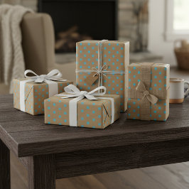 Papel De Presente Azul Verde Teal Claro Pontos Marrom Kraft Rústico